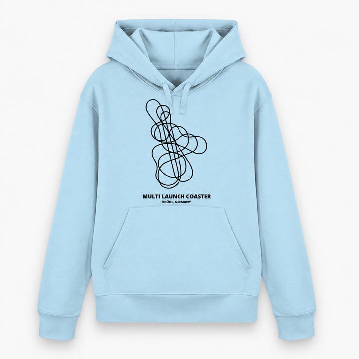 Multi Launch Coaster Brühl Layout Hoodie von Coasterfashion in Sky Blue – Vorderansicht mit schwarzem Achterbahn-Print