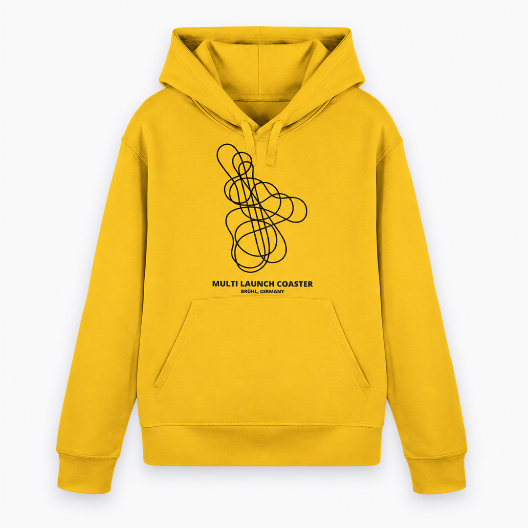 Multi Launch Coaster Brühl Layout Hoodie von Coasterfashion in Spectra Yellow – Vorderansicht mit schwarzem Achterbahn-Print