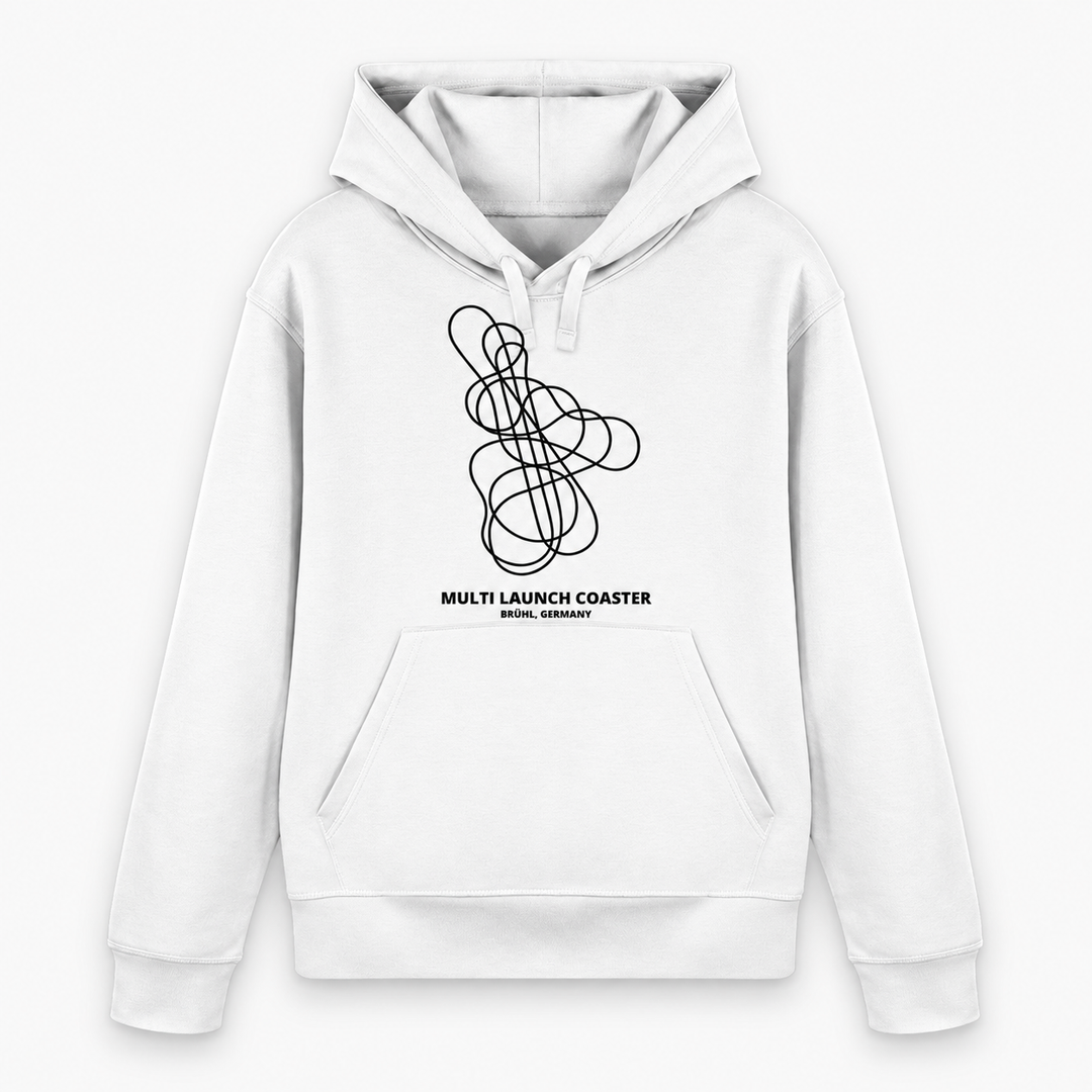 Multi Launch Coaster Brühl Layout Hoodie von Coasterfashion in Weiß – Vorderansicht mit schwarzem Achterbahn-Print