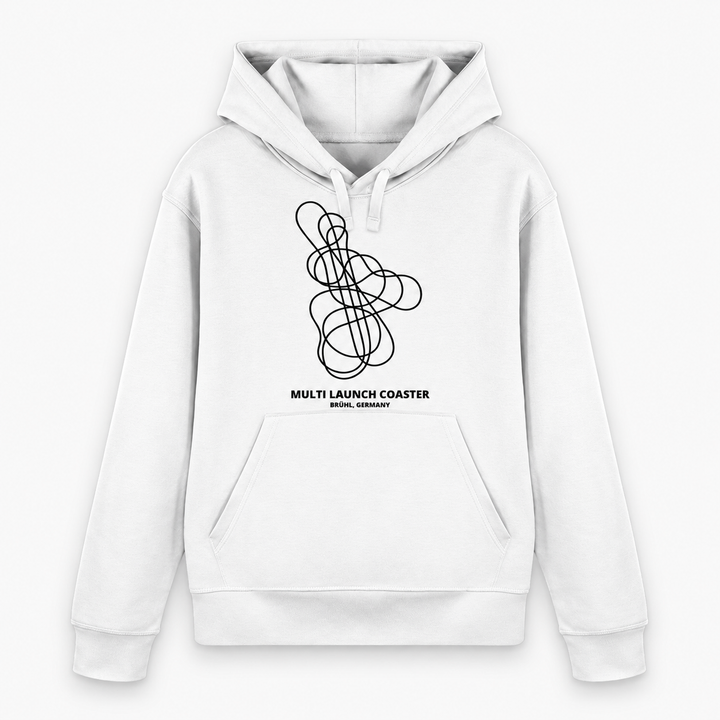 Multi Launch Coaster Brühl Layout Hoodie von Coasterfashion in Weiß – Vorderansicht mit schwarzem Achterbahn-Print