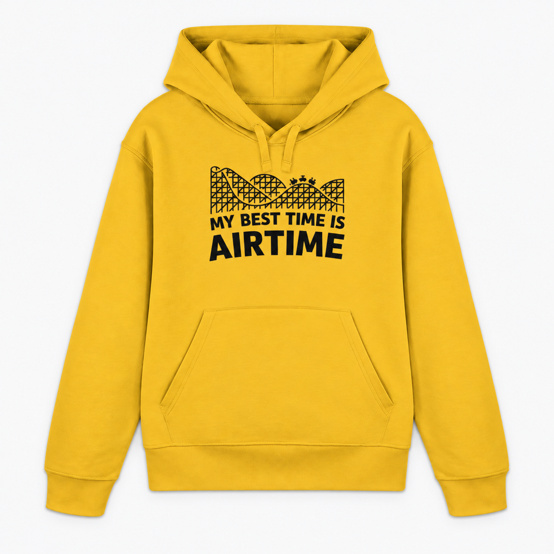 MY BEST TIME IS AIRTIME Hoodie in Gelb mit Achterbahn-Frontprint