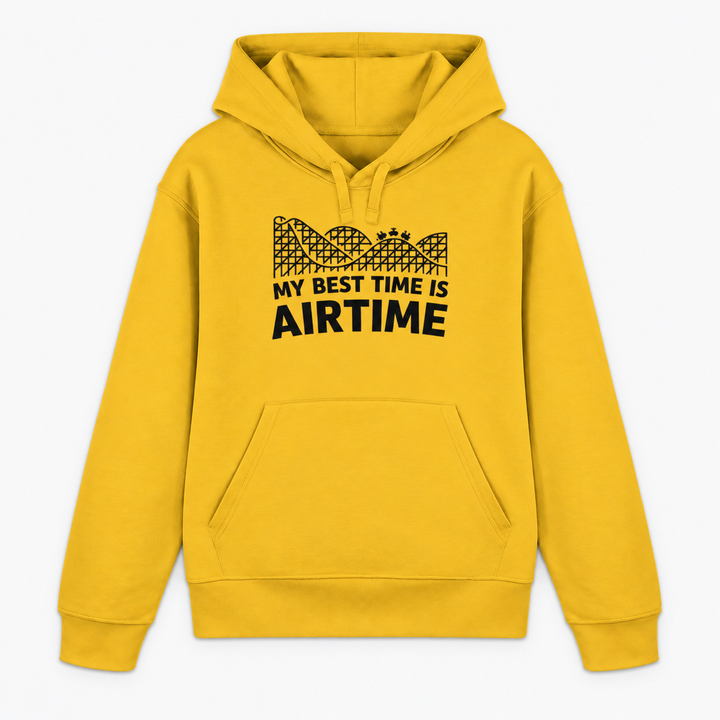 MY BEST TIME IS AIRTIME Hoodie in Gelb mit Achterbahn-Frontprint