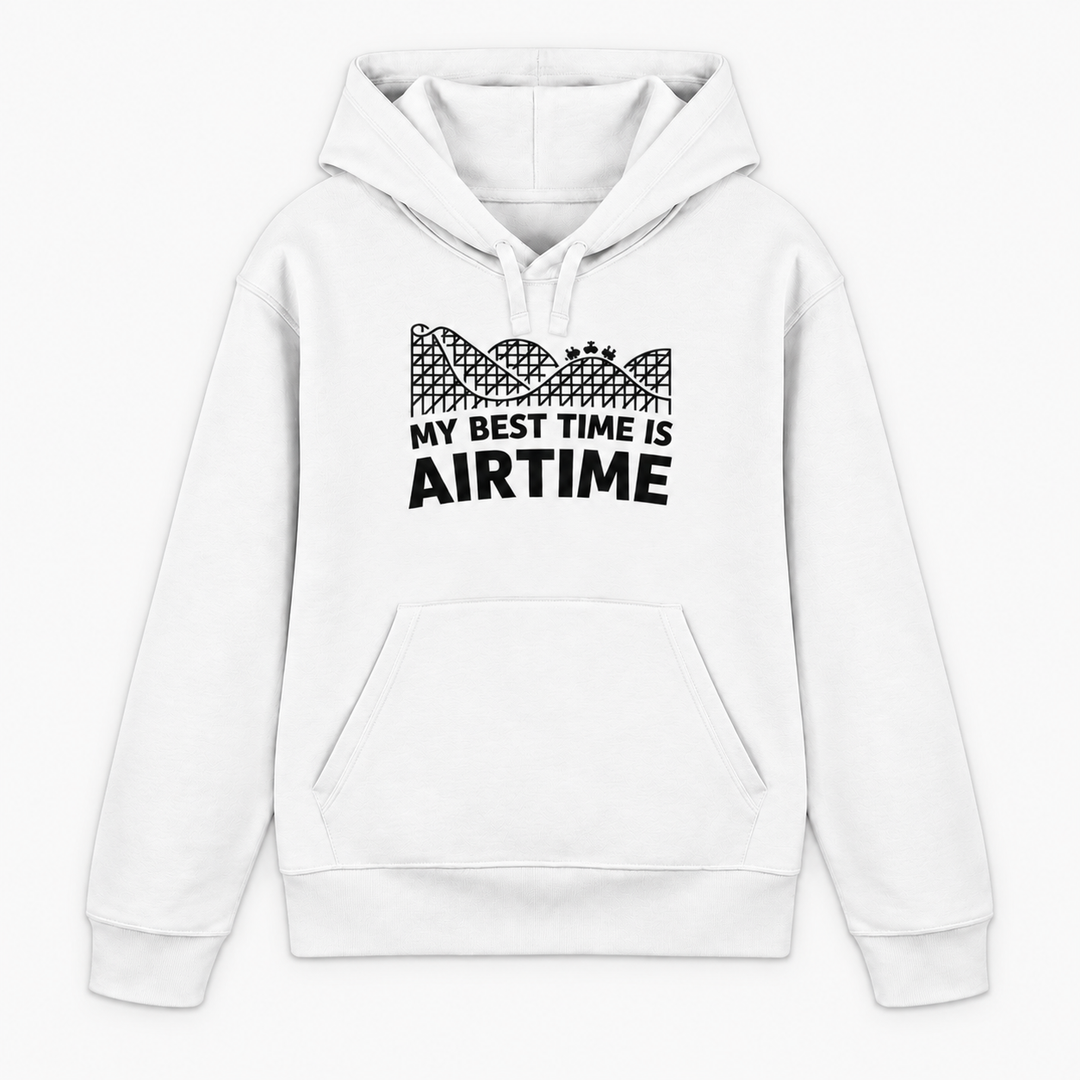 MY BEST TIME IS AIRTIME Hoodie in Weiß mit Achterbahn-Frontprint
