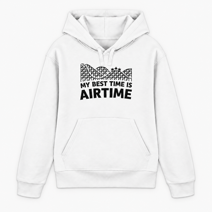 MY BEST TIME IS AIRTIME Hoodie in Weiß mit Achterbahn-Frontprint