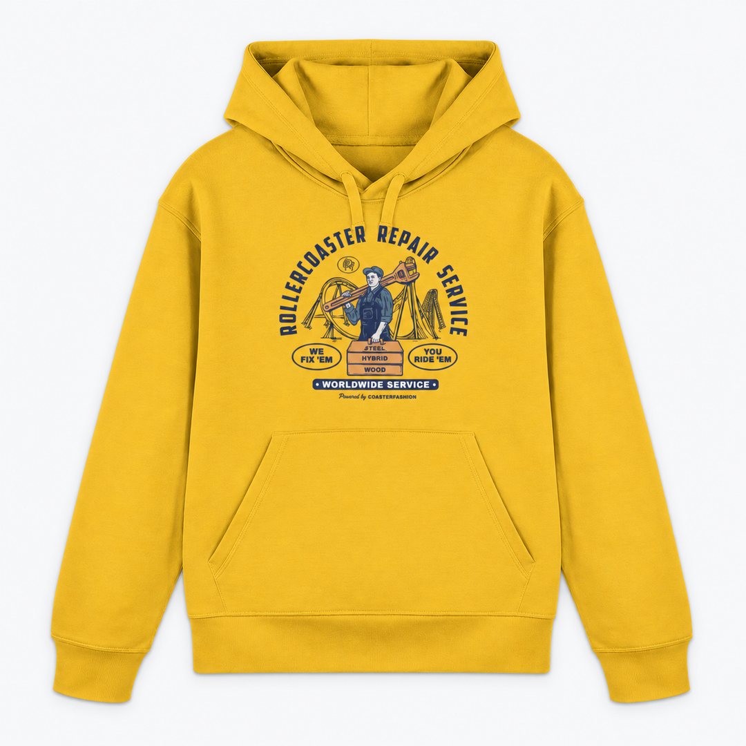 REPAIR SERVICE Hoodie in Gelb mit Retro-Achterbahn-Frontprint