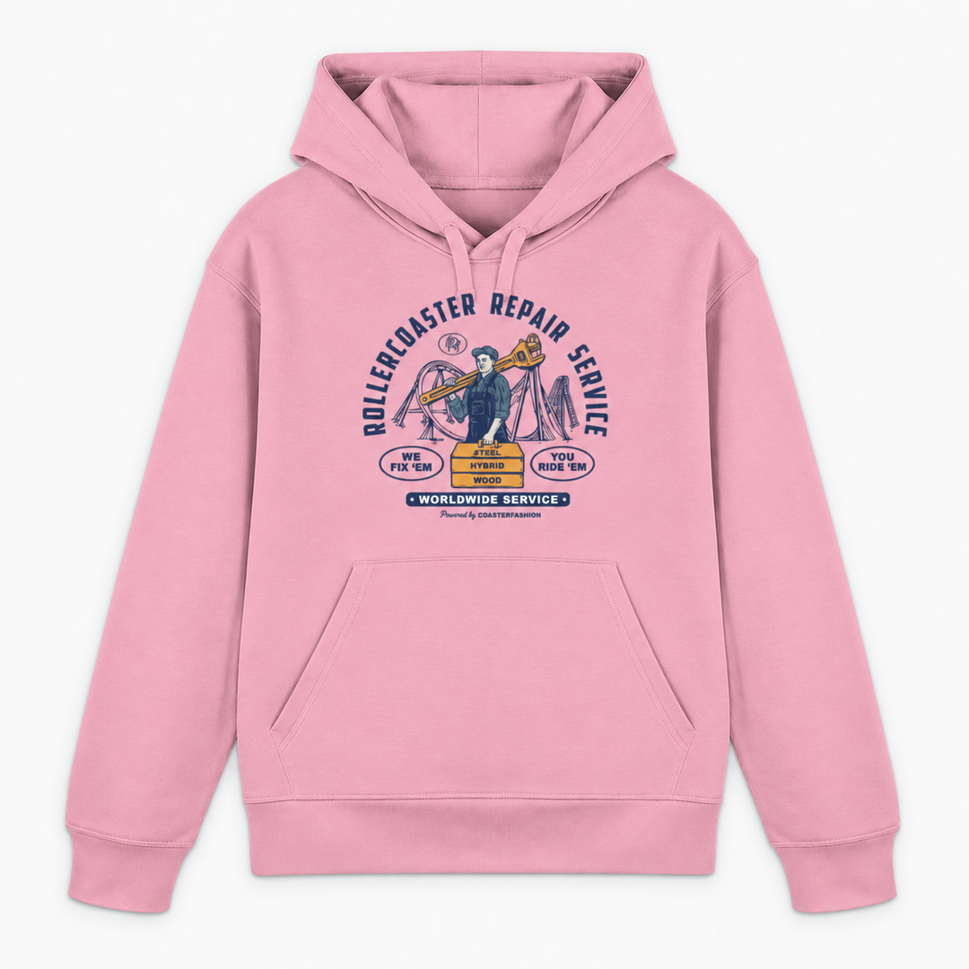 REPAIR SERVICE Hoodie in Pink mit Retro-Achterbahn-Frontprint