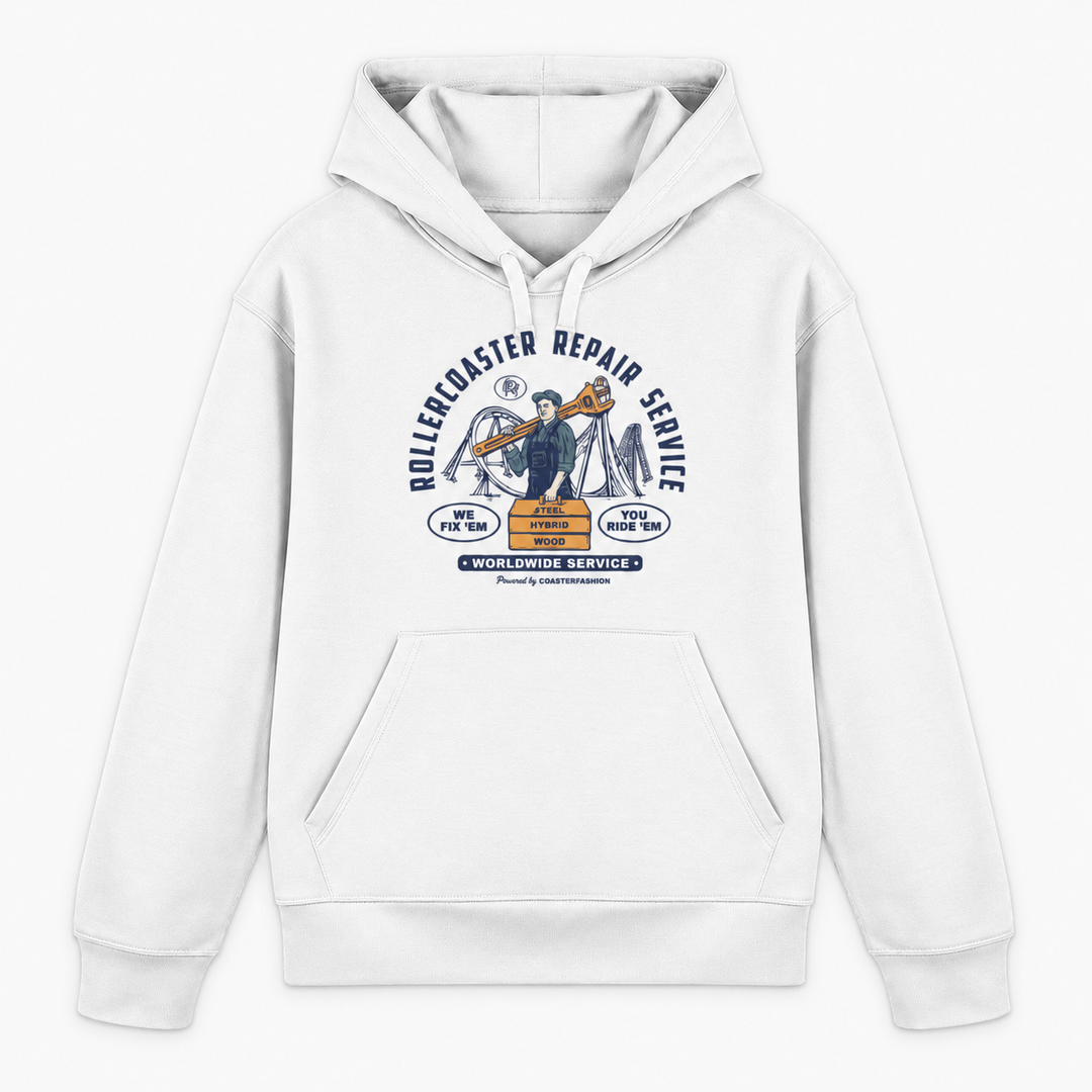 REPAIR SERVICE Hoodie in Weiß mit Retro-Achterbahn-Frontprint