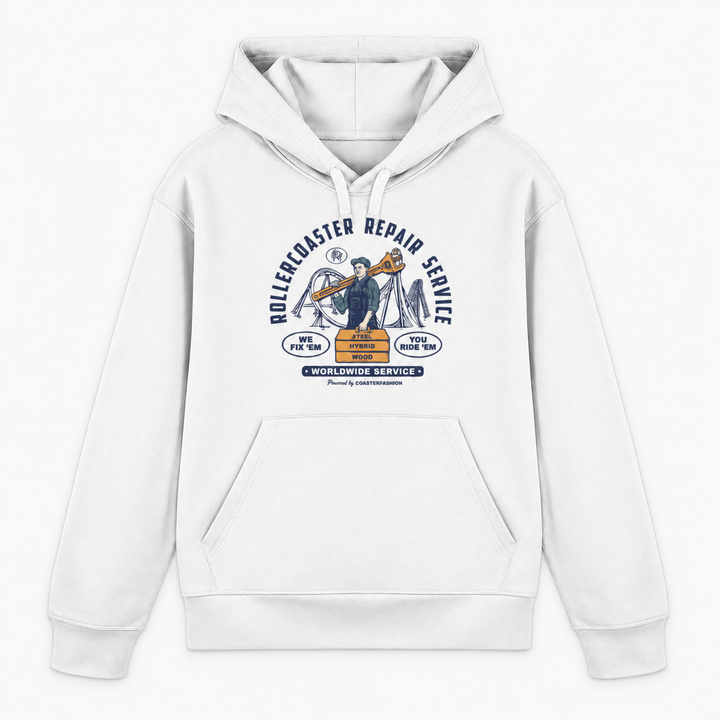 REPAIR SERVICE Hoodie in Weiß mit Retro-Achterbahn-Frontprint