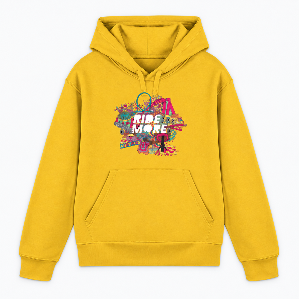 RIDE MORE Hoodie in Gelb mit buntem Freizeitpark-Frontprint