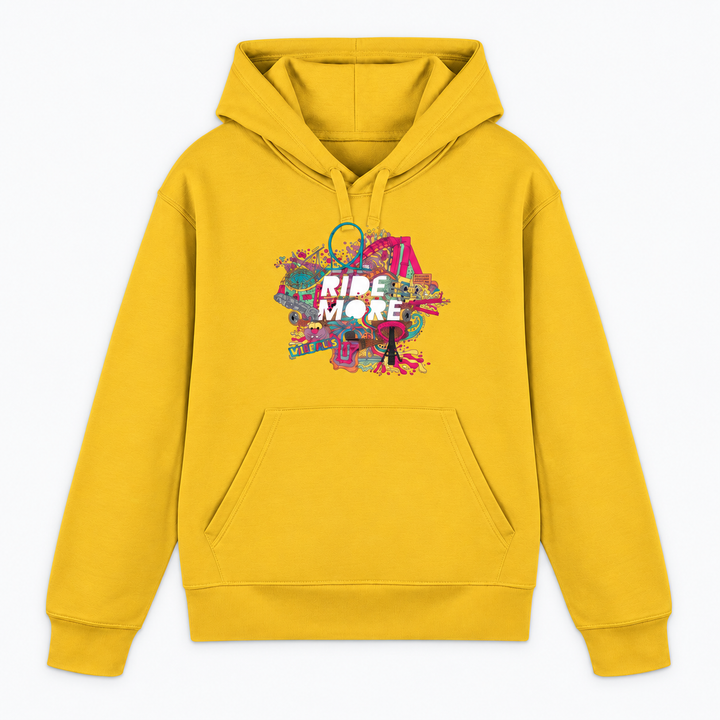 RIDE MORE Hoodie in Gelb mit buntem Freizeitpark-Frontprint