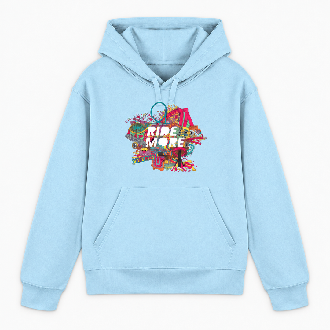 RIDE MORE Hoodie in Himmelblau mit buntem Freizeitpark-Frontprint