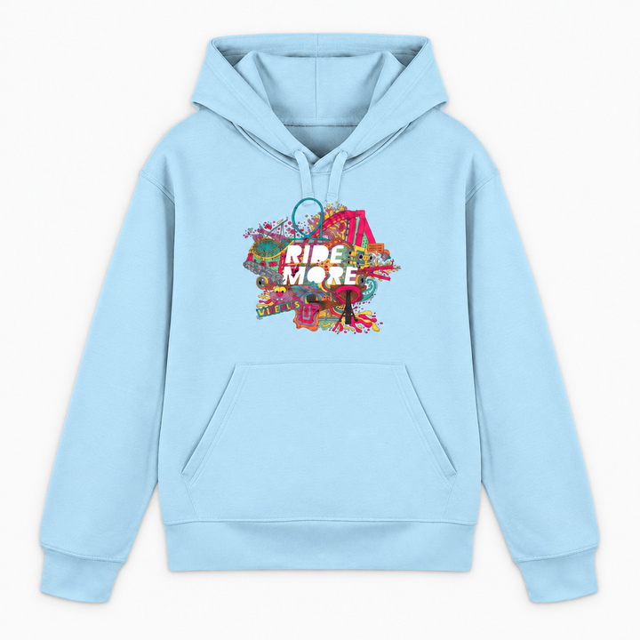 RIDE MORE Hoodie in Himmelblau mit buntem Freizeitpark-Frontprint