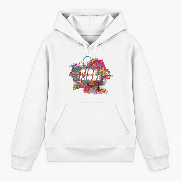 RIDE MORE Hoodie in Weiß mit buntem Freizeitpark-Frontprint