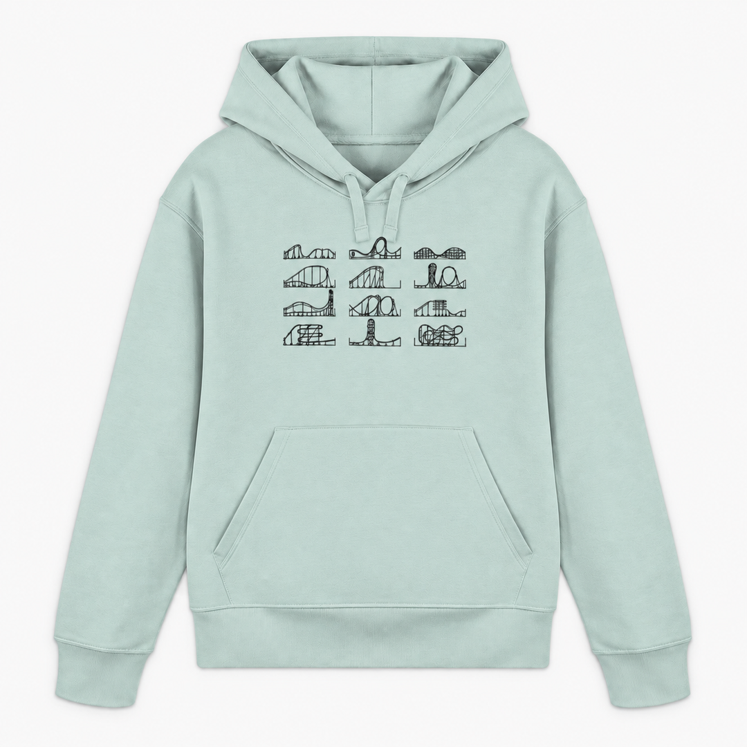 ROLLERCOASTER LOVE Hoodie in Caribbean Blue mit zwölf Achterbahn-Silhouetten