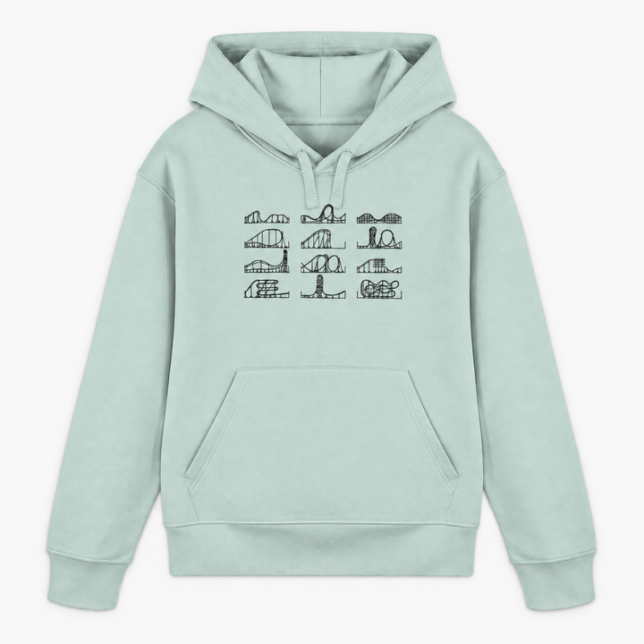 ROLLERCOASTER LOVE Hoodie in Caribbean Blue mit zwölf Achterbahn-Silhouetten