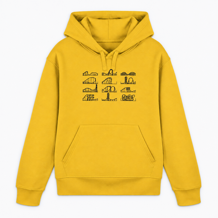 ROLLERCOASTER LOVE Hoodie in Gelb mit zwölf Achterbahn-Silhouetten