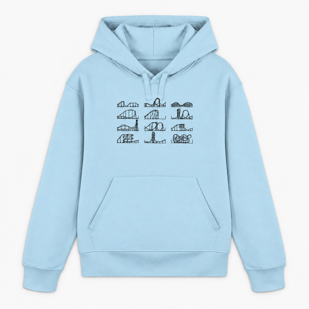 ROLLERCOASTER LOVE Hoodie in Himmelblau mit zwölf Achterbahn-Silhouetten