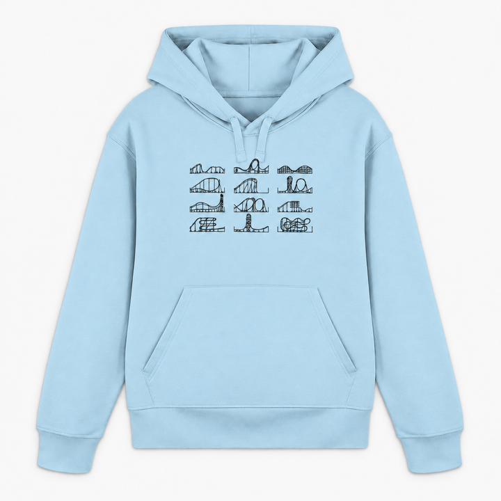 ROLLERCOASTER LOVE Hoodie in Himmelblau mit zwölf Achterbahn-Silhouetten