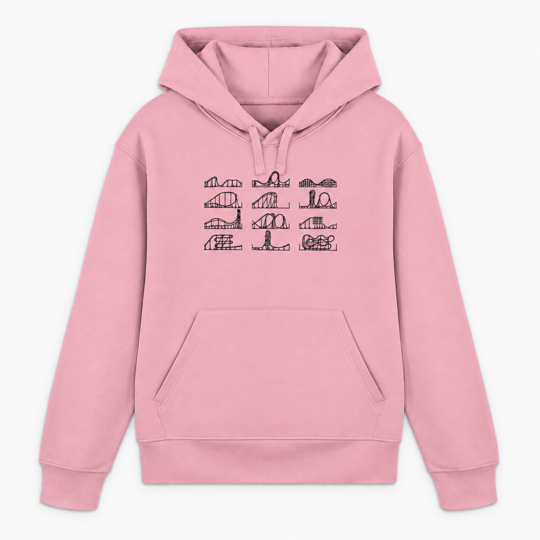 ROLLERCOASTER LOVE Hoodie in Pink mit zwölf Achterbahn-Silhouetten