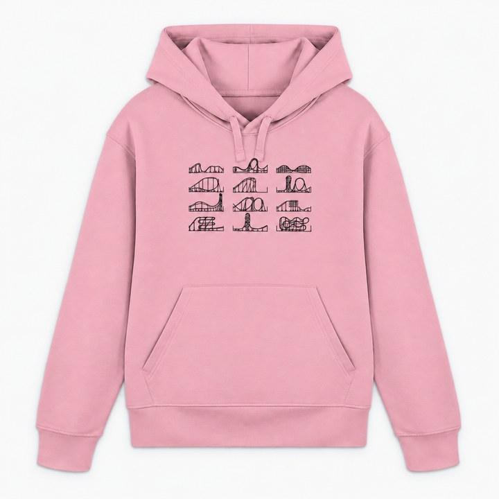 ROLLERCOASTER LOVE Hoodie in Pink mit zwölf Achterbahn-Silhouetten