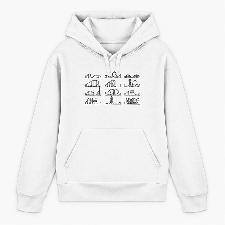 ROLLERCOASTER LOVE Hoodie in Weiß mit zwölf Achterbahn-Silhouetten