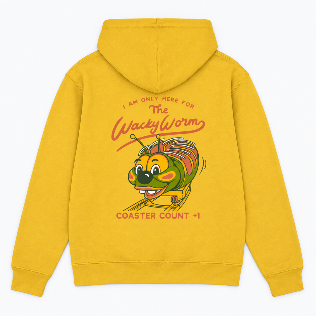 WACKY WORM Hoodie in Gelb – Rückenprint Coaster Count +1