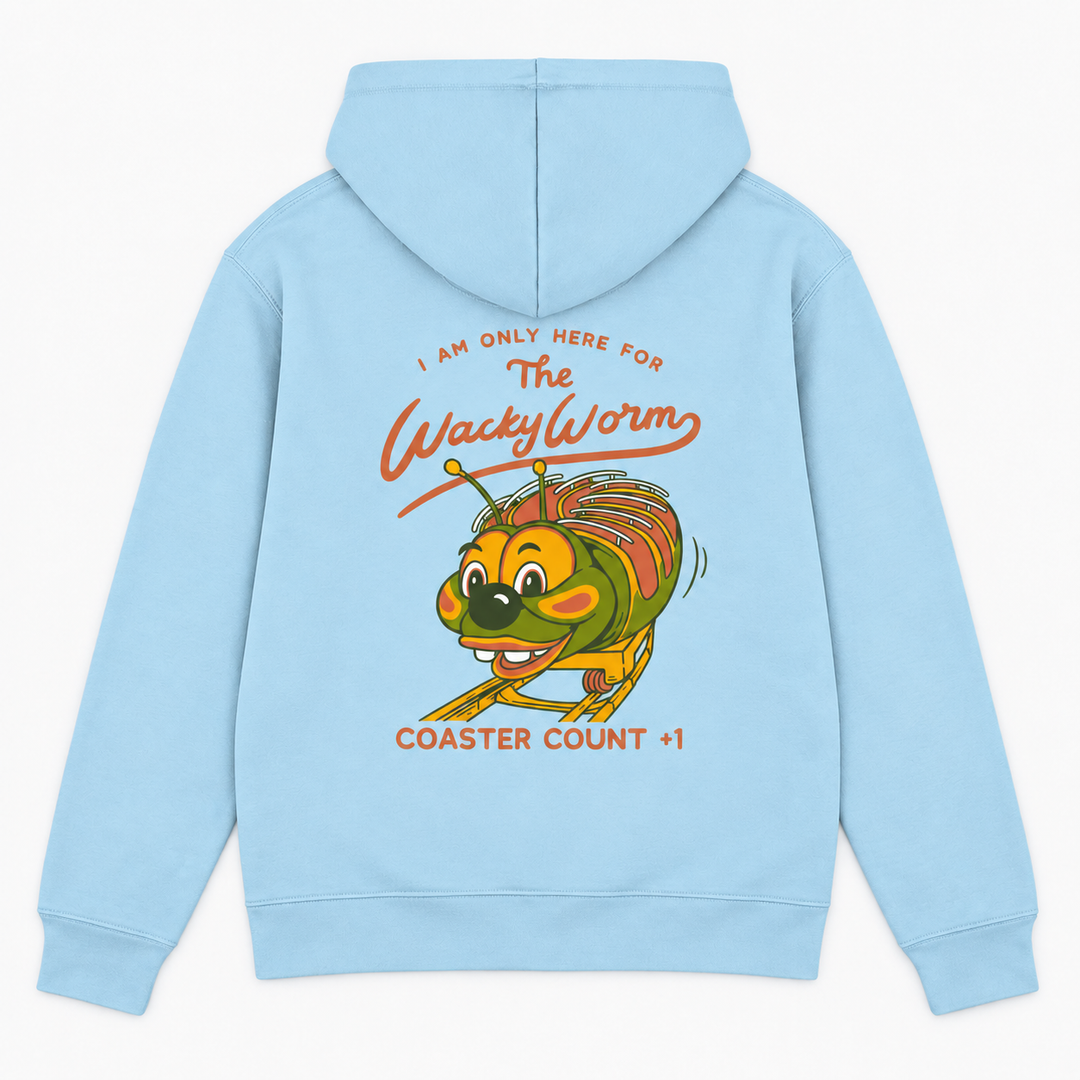 WACKY WORM Hoodie in Himmelblau – Rückenprint Coaster Count +1