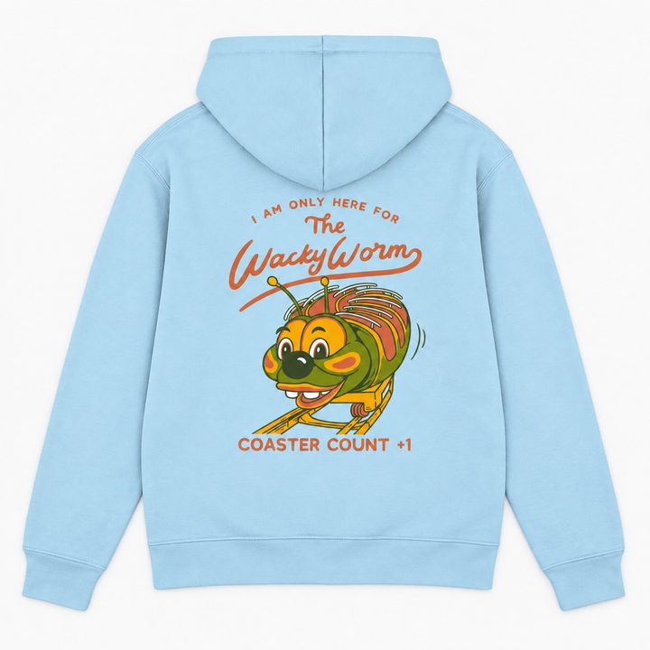 WACKY WORM Hoodie in Himmelblau – Rückenprint Coaster Count +1