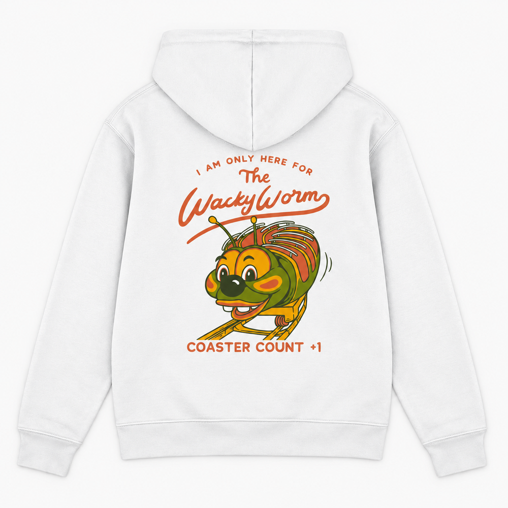 WACKY WORM Hoodie in Weiß – Rückenprint Coaster Count +1