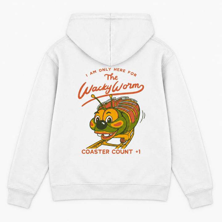 WACKY WORM Hoodie in Weiß – Rückenprint Coaster Count +1