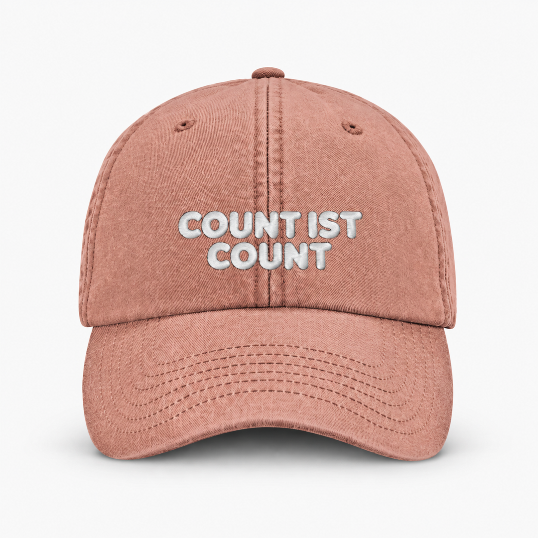 COUNT IST COUNT Vintage Cap in Vintage Orange mit hellem Schriftstick – Frontansicht
