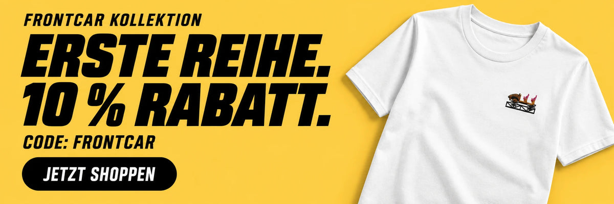 Gelber Coasterfashion-Aktionsbanner mit weißem Achterbahn-T-Shirt und Frontcar-Stickmotiv: 10 % Rabatt auf die Frontcar-Kollektion mit Code FRONTCAR. Jetzt shoppen.