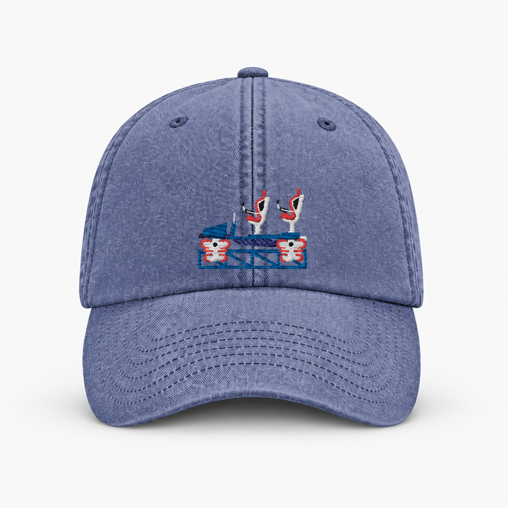 Launch Coaster Rust Frontcar Vintage Cap in Vintage Denim mit mehrfarbigem Stick – Frontansicht