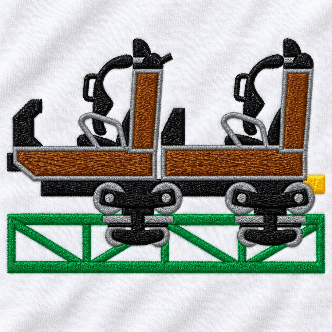 Launch Coaster Sierksdorf – Stickerei-Close-up auf weißem T-Shirt ohne Kragen, Mockup nach Originalgrafik