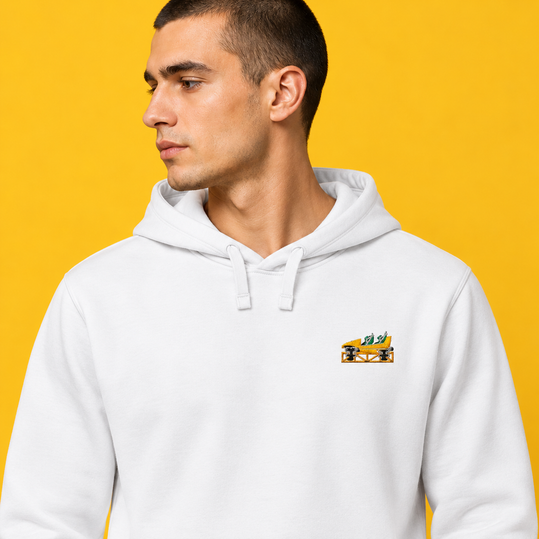 Mega Coaster Haßloch Frontcar Stick Hoodie – Weiß – Model