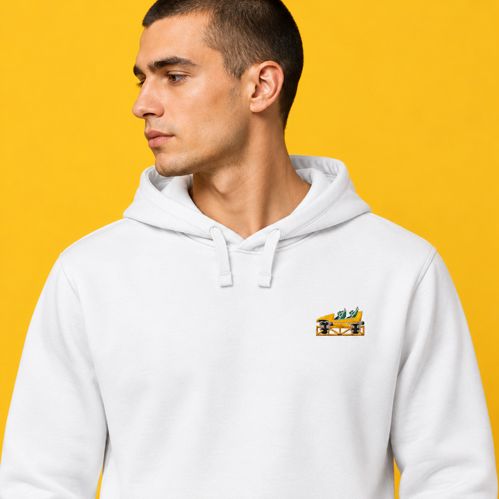 Mega Coaster Haßloch Frontcar Stick Hoodie – Weiß – Model