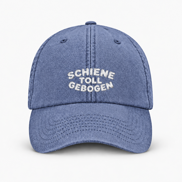 SCHIENE TOLL GEBOGEN Vintage Cap – Vintage Denim, weißer Stick, Frontansicht