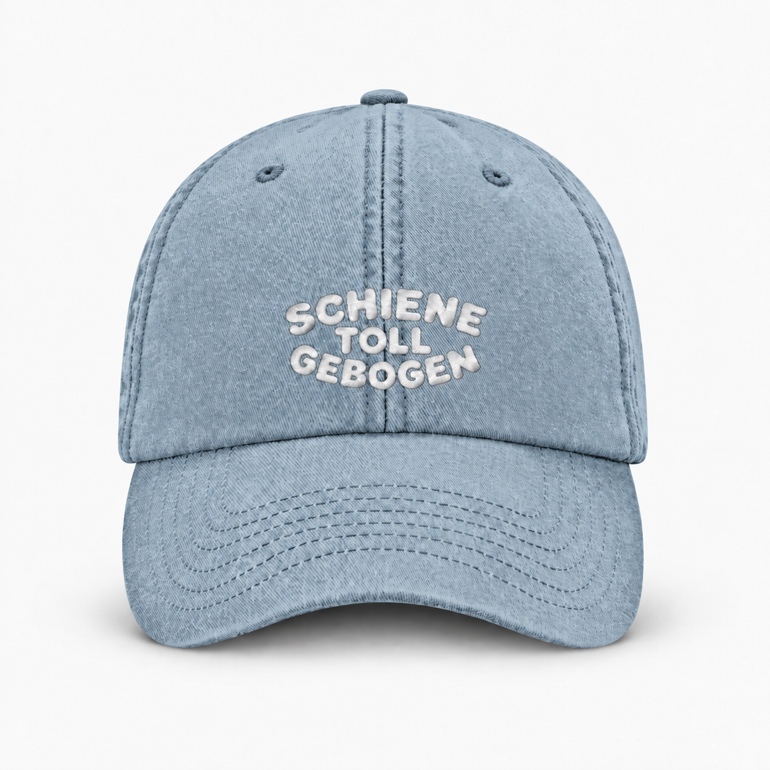 SCHIENE TOLL GEBOGEN Vintage Cap – Vintage Hellblau, weißer Stick, Frontansicht