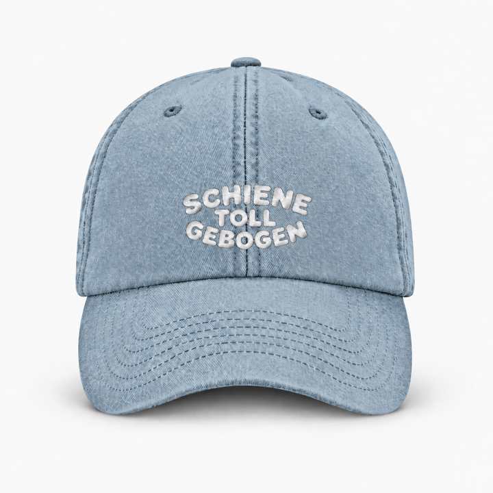 SCHIENE TOLL GEBOGEN Vintage Cap – Vintage Hellblau, weißer Stick, Frontansicht