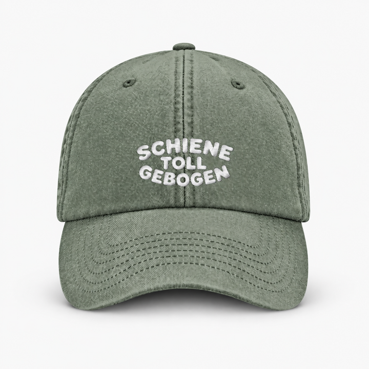 SCHIENE TOLL GEBOGEN Vintage Cap – Vintage Oliv, weißer Stick, Frontansicht