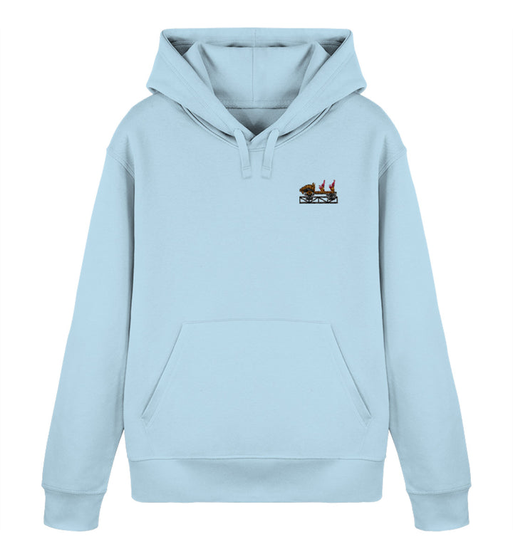 Multi Launch Coaster Brühl Frontcar Stick Hoodie in Himmelblau – Vorderansicht