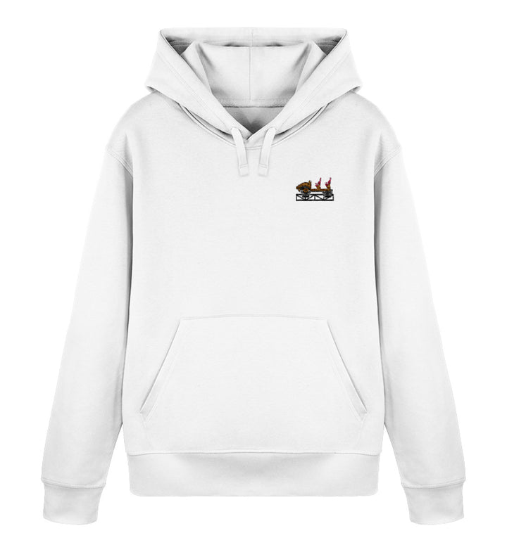 Multi Launch Coaster Brühl Frontcar Stick Hoodie in Weiß – Vorderansicht